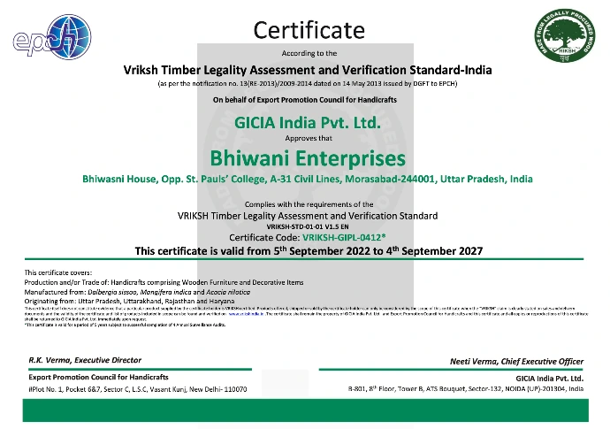 Vriksh Timber certification of Bhiwani Enterprises 